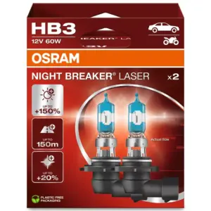 OSRAM SPULDZES HB3 60W 12V P20D +150% NAKTS LĀZERA PĀRTRAUCĒJS