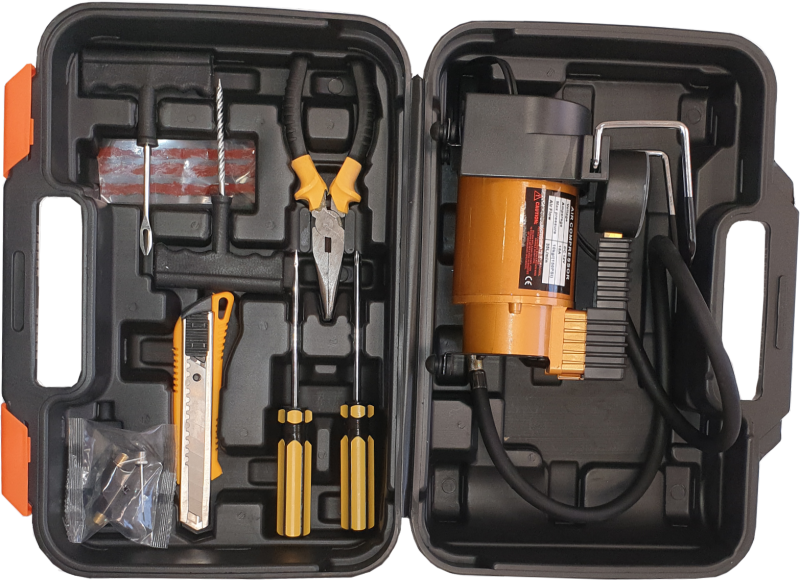 ELECTRIC CAR PUMP AND TOOL KIT IN CASE