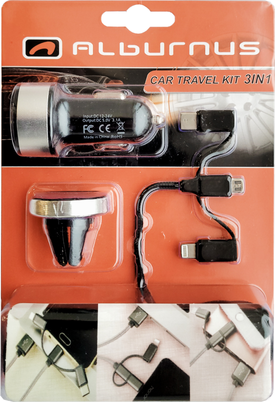 КОМПЛЕКТ - ЗАРЯДНОЕ УСТРОЙСТВО ДЛЯ ТЕЛЕФОНА 12/24V 3IN1, ДЕРЖАТЕЛЬ, 2USB, 3.1A