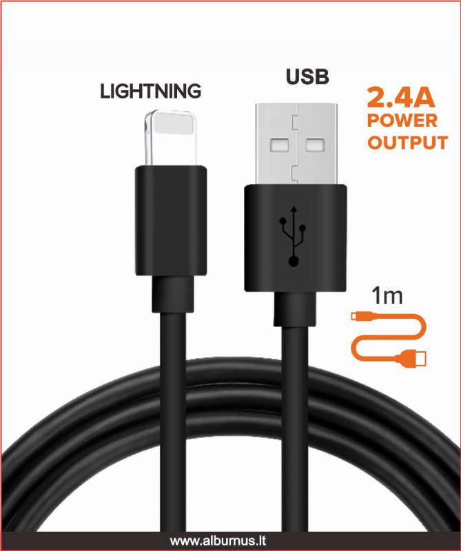 USB-laadimiskaabel koos Lightning-pistikuga, 2,4 A, 1 m
