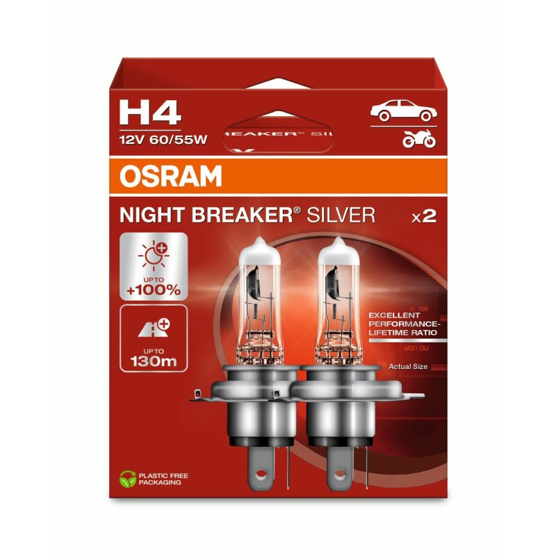 OSRAM ЛАМПЫ H4 60/55W 12V P43T +100% NIGHT BREAKER SILVER