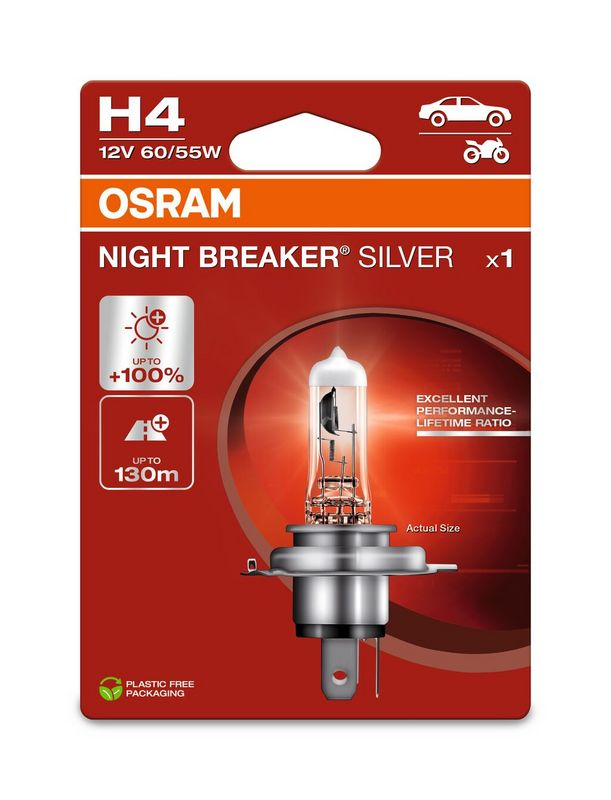 OSRAM ЛАМПЫ H4 60/55W 12V P43T +100% NIGHT BREAKER SILVER